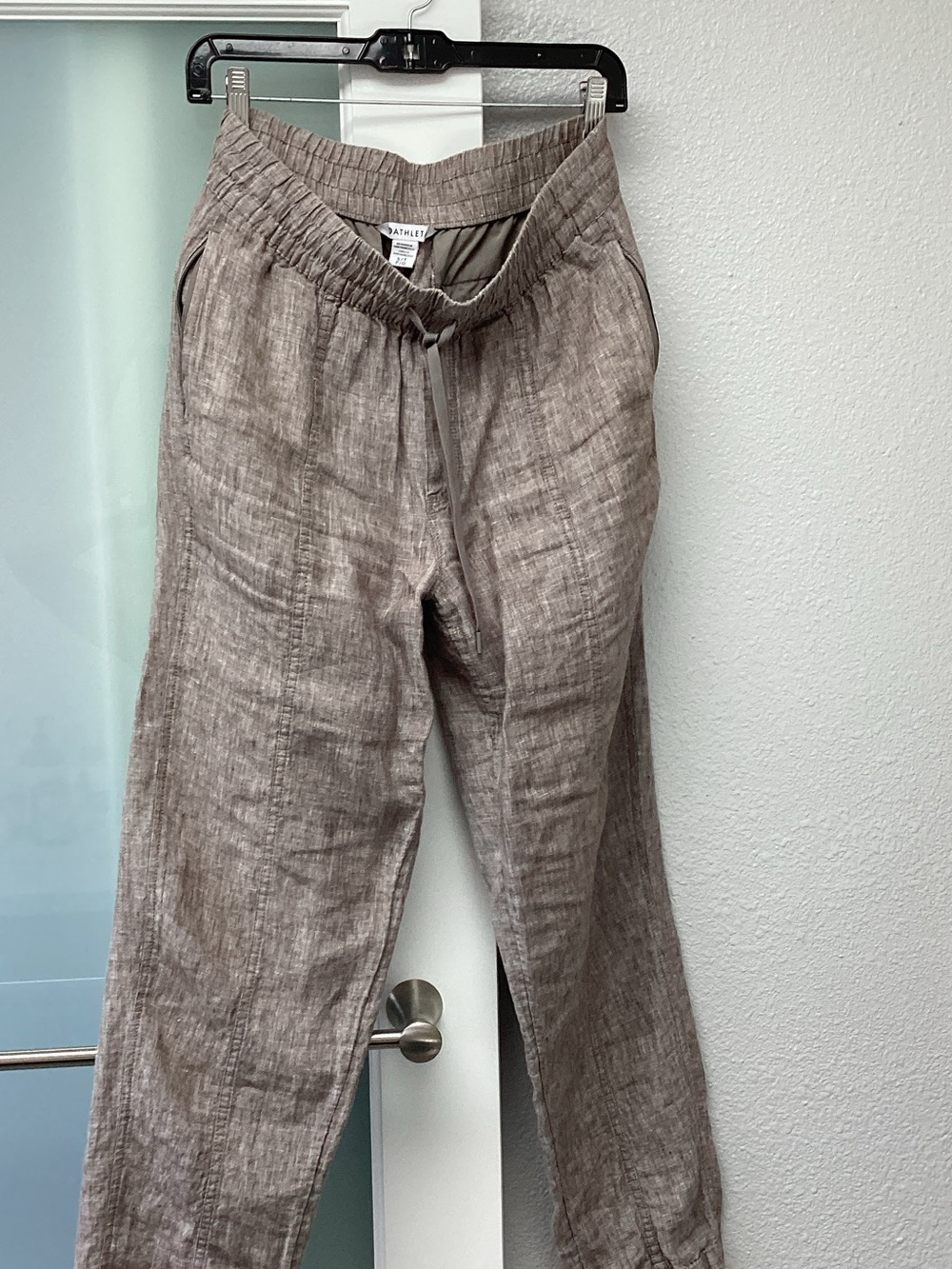 Athleta Taupe Drawstring Linen-Blend Trousers